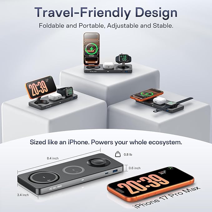 AC ISLAND 5-in-1 Qi2.2 Wireless Charger for MagSafe, 25W Foldable Magnetic Stand, Travel Charging Station for iPhone 17-12 & Air Series, Apple Watch, AirPods, with 65W GaN Adapter (Gray, for Apple)