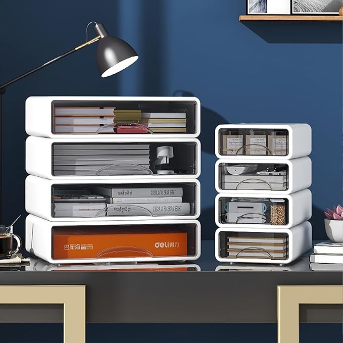 Desk Organizer with Drawers, Stackable Storage Drawers with Compartments Desktop Organization for Office Supplies, Makeup, Pencils, Tape, Erasers, Paperclips, Chargers (White 2S2M)