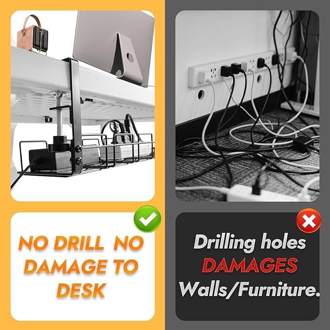 Under Desk Cable Management Tray No Drill - 15.7'' Long 5.1'' Wide Workspace Organizers, Pc Accessories, Steel Cord Organizers, 4 Cable Holder, 12 Roll Cable Organizer Straps(Black)