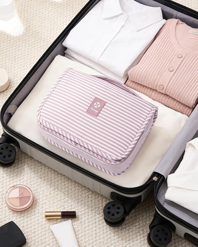 Narwey Small Hanging Toiletry Bag for Travel Women Girl, Striped Toiletries Travel Bag with Hook, Hanging Makeup Bag Organizer Make Up Cosmetic Bags, Gifts for Kids Teen (Dusty Pink Stripe)
