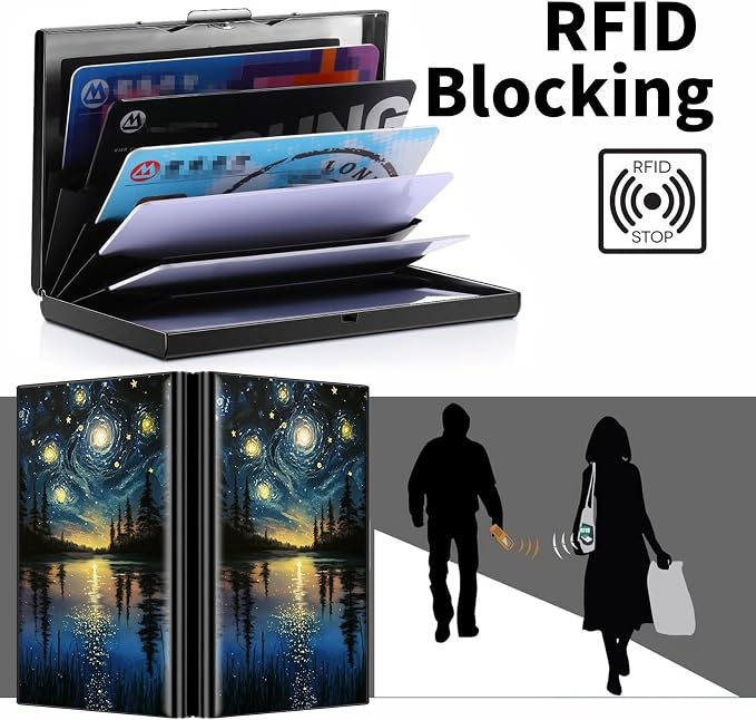 Metal Wallet, Credit Card Holder for Women Men Girls, RFID Blocking Aluminum Wallet Slim Hard Case, Mini Travel Wallet, ID Card Holder Business Card Case,Art Starry Night