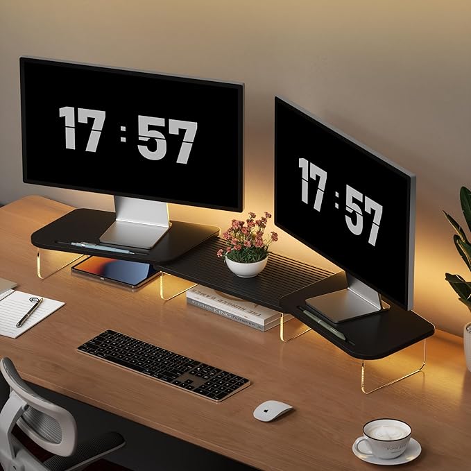 AFOOYO LED Dual Monitor Stand Riser for 2 Monitors,Office Desktop Wooden Stand Adjustable Length and Angle 3 Shelf,Extra Long Multifunctional Stand up to 39.3" for Computer,Laptop,TV,Black