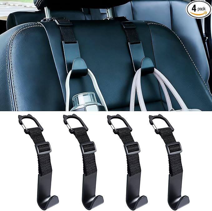 Adjustable 4-Pack Car Headrest Hooks Cute Cat Pattern Universal Seat Back Organizer with Clip for Purses Bags Groceries Black