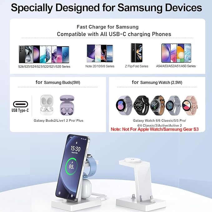 NANAMI 30W USB C Fast Charging Station for Samsung Devices,3 in 1 Charging Dock for Galaxy Watch 7/6/5/4/3,Samsung Galaxy S26/S25/S24,Note 20,Z Fold/Flip,iPhone 17/16/15,Earbuds(Not for Apple Watch)