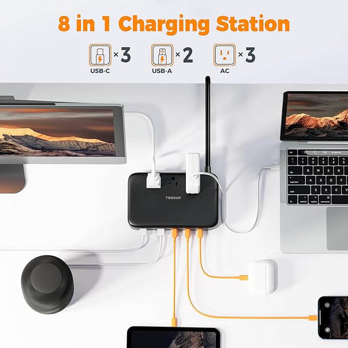 PD 130W Charging Station for Multiple Devices, TESSAN 8-in-1 USB C Charger Block Compatible with iPhone 17/16/15, MacBook, Tablet, Charging Dock with 3 USB-C, 2 USB-A & 3 AC, Home Office Accessories