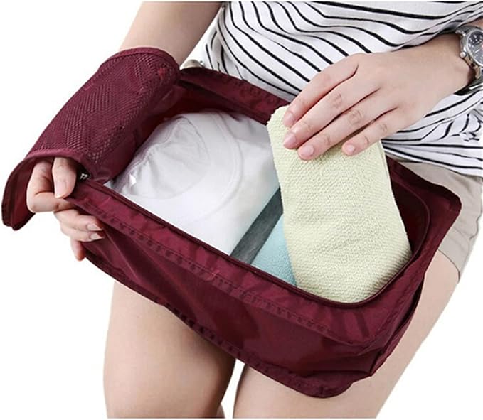 Travel Shoe Bags Foldable Waterproof Nylon With Zipper For Men & Women,Wine Red