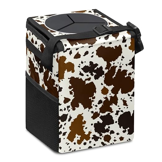 Western Brown Black Cow Print Car Trash Can with Lid Collapsible Reusable Waterproof Car Garage Bag,Automotive Garbage Can,Car Accessories Interior Car Organizer