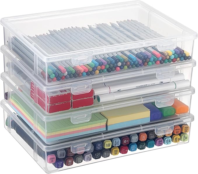 BTSKY Clear Plastic Storage Box with Flap Lid, Multipurpose Craft Organizers and Storage Box Art Supply Storage Organizer Plastic Sewing Box for Beads Pencils Notebooks, 4 Pack Medium