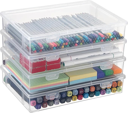 BTSKY Clear Plastic Storage Box with Flap Lid, Multipurpose Craft Organizers and Storage Box Art Supply Storage Organizer Plastic Sewing Box for Beads Pencils Notebooks, 4 Pack Medium