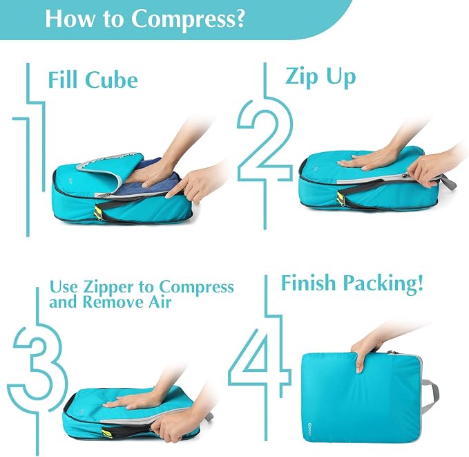 Gonex Compression Packing Cubes, 6pcs Expandable Storage Travel Luggage Bags Organizers with Shoe Bag, Clear Toiletry Bag (Blue)