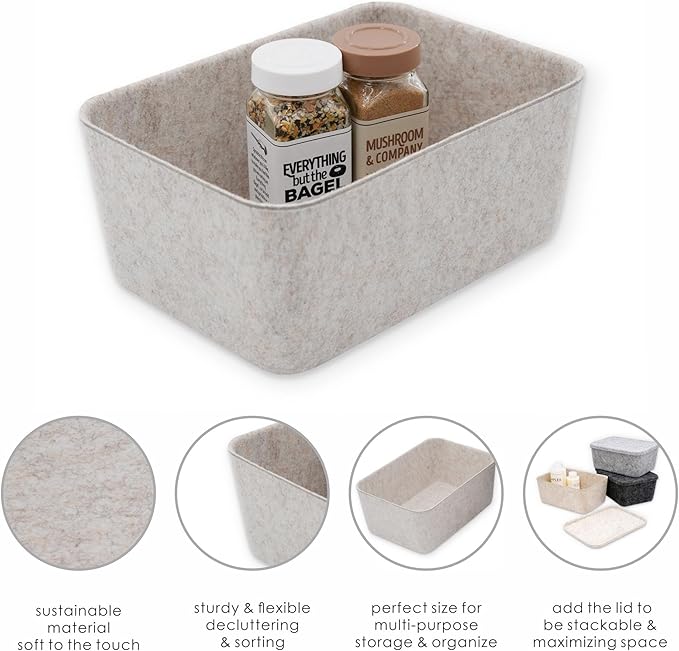 Welaxy Felt deep Storage Bins lidded Drawer Organizer Caddy for junk stuff stationery makeup jewelry closet bathroom minimalist lifestyle (Oatmeal Bin, S)