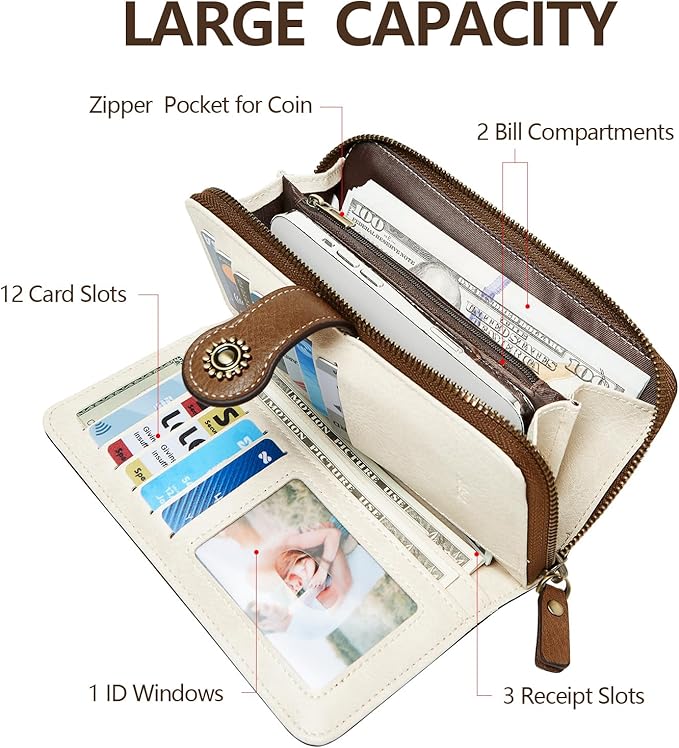 TFKGS Wallet for Women RFID Blocking Leather Large Capacity Card Holder Ladies Phone Clutch Travel Long Purse Wristlet | RFID Blocking, Leather, Large Capacity, Ladies, Travel