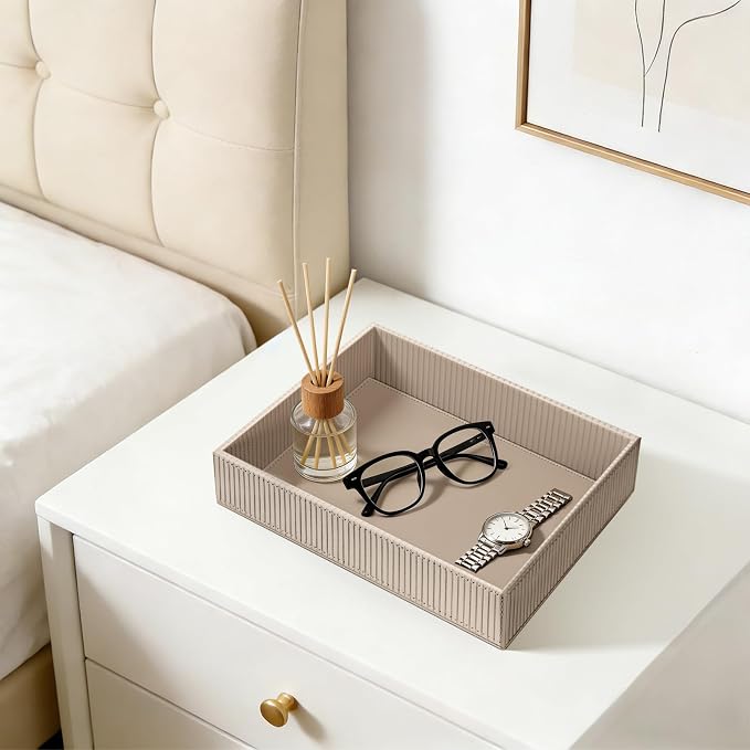 SITHON Valet Tray Desk Organizer, PU Leather Catchall Bedside Vanity Tray Nightstand Caddy Coin Box Key Jewelry Storage Organizer, Graduation Day Father's Gift, Stripe Latte