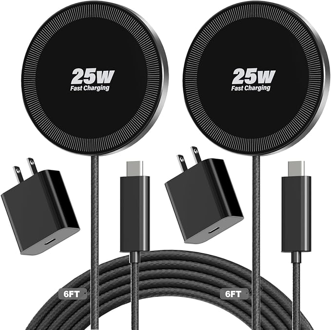 25W Magnetic Wireless Charger, 6FT Fast Charging Pad Wireless Charge for iPhone 17 16 /AirPods3/2/Pro/for Galaxy S26 Ultra/Pixel 10 Series, Portable Charger for Desk& Travel(2Pack,Elegant Black)