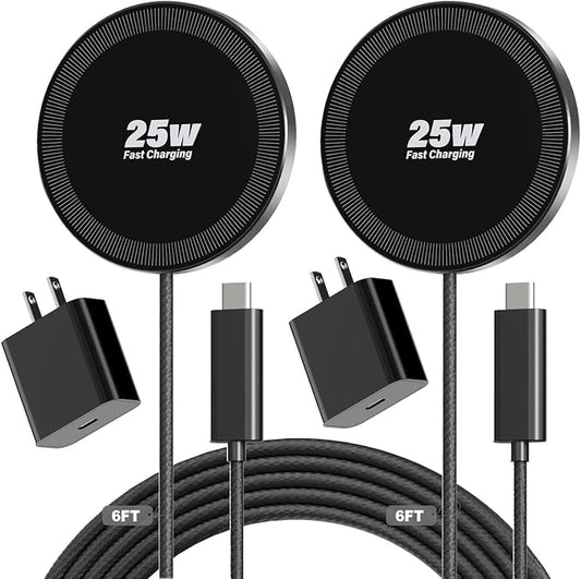 25W Magnetic Wireless Charger, 6FT Fast Charging Pad Wireless Charge for iPhone 17 16 /AirPods3/2/Pro/for Galaxy S26 Ultra/Pixel 10 Series, Portable Charger for Desk& Travel(2Pack,Elegant Black)