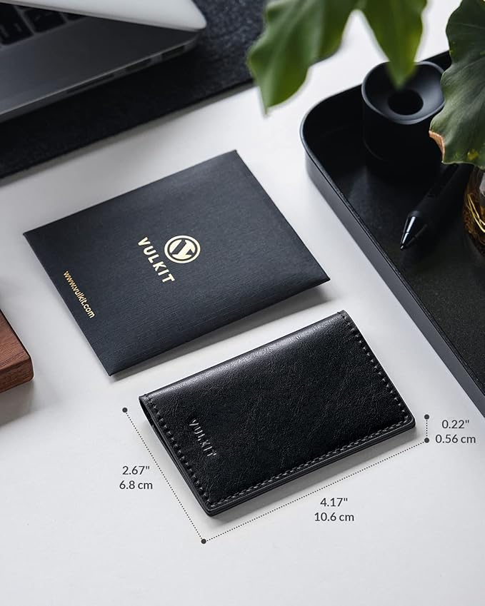 VULKIT Leather Business Card Holder 2 Sided Slim Business Name Card Organizer for Men or Women, Up to hold 20 cards (Vintage Black)