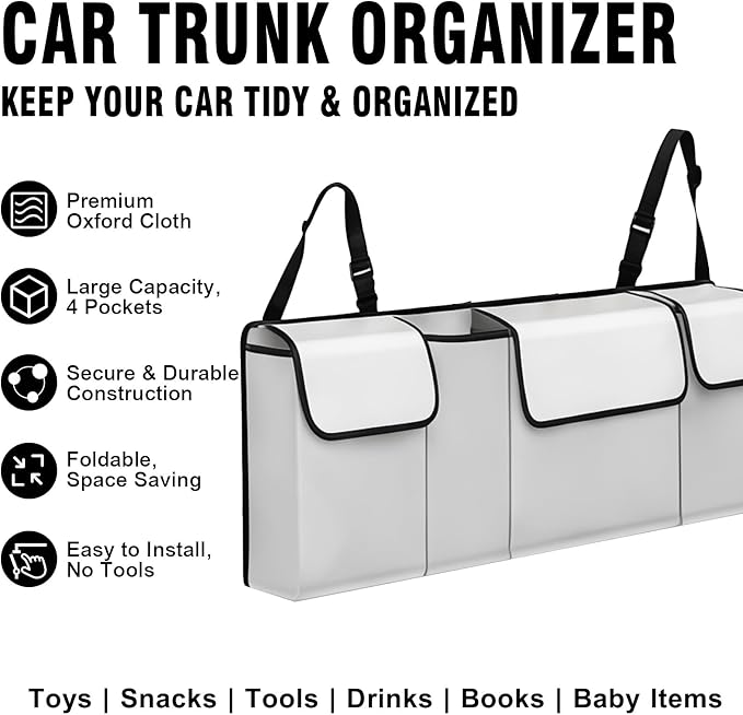 Car Trunk Organizer – Backseat Hanging Large Storage Bag with Adjustable Straps, Waterproof Collapsible Cargo Organizer with 4 Pockets, Space-Saving Trunk Storage for SUV Truck MPV (White)