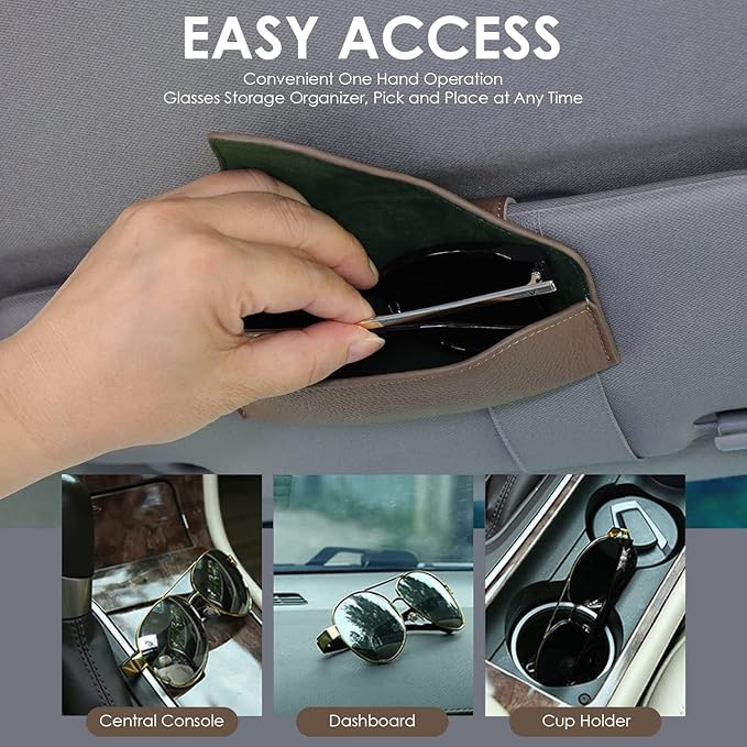 Magnetic Sunglass Holder for Car Visor Clip, Leather Car Glasses Holder, Visor Accessories Eyeglasses Holder Glasses Storage Case (02-Khaki)