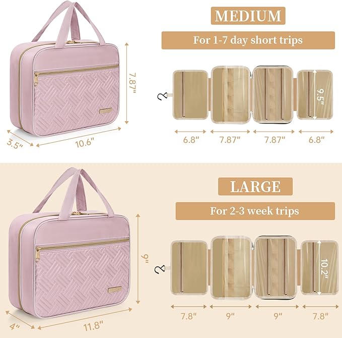 Travel Toiletry Bag for Women & Men Water Resistant Makeup Bag with Hanging Hook Portable Travel Organizer for Travel Accessories, Travel-Sized Shampoo, Toiletries (Large-Pink)