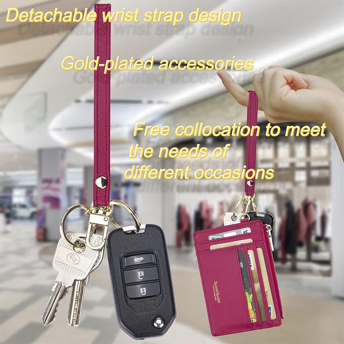 Wikavanli Women Slim Rfid Blocking Credit Card Case Holder Wristlet Zip ID Case Wallet Small Compact Leather Wallet Coin Purse with Keychain (Rose Red)