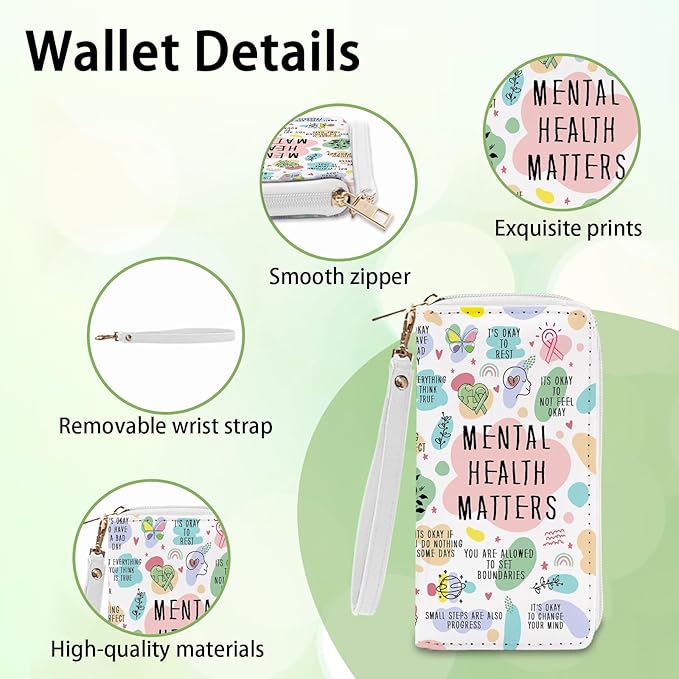 Mental Health Awareness Wallet for Women - Slim PU Leather Wallet with Inspirational Quotes, Cash Zipper Coin Purse, Small Card Holder Travel Wallet, Wristlet Wallets for Teen Girls (Self-Care Gift)