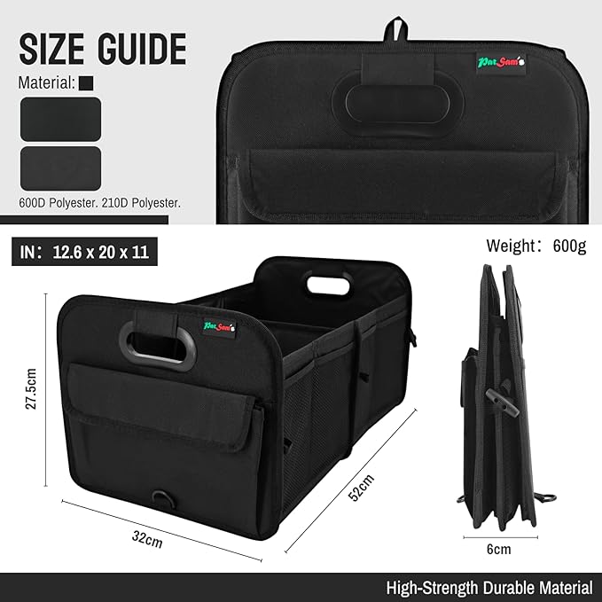 PAT SAM'S Trunk Organizer for SUV, Foldable Car Storage Organizer with Dividers, Waterproof Oxford, Collapsible Car Storage Box with Pockets for Grocery, Tools, Travel (Black)
