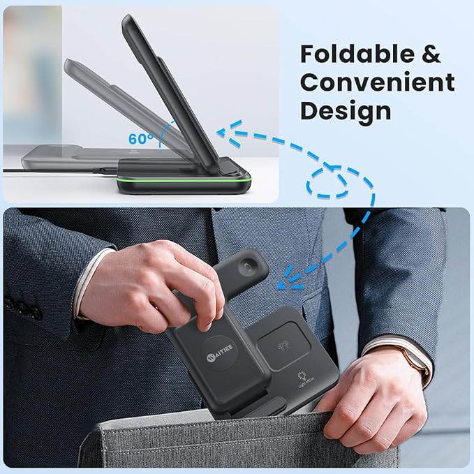 WAITIEE Foldable Wireless Charger for iPhone 17 16 15 14 13 12 11 X 8, 3 in 1 Charging Station for Apple Watch & for AirPods (Black)