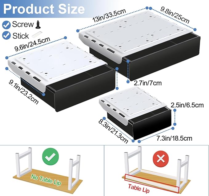 SVNNELP Under Desk Table Drawer Storage Organizer,3 Pack Large & Medium & Small Slide Out Desk Drawers - Hidden Desktop Organizer,Adhesive Storage Pencil Tray Under Table(BLACK/LMS)