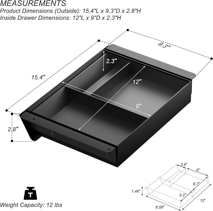Under Desk Drawer with Removable Tray, 15.4" Wide 2-in-1 Organizer – 60° Ergonomic Tilt, 4-Compartment Insert for Pens, Phones & Cables, Ball Bearing Slides, for Home Office & Student Desk