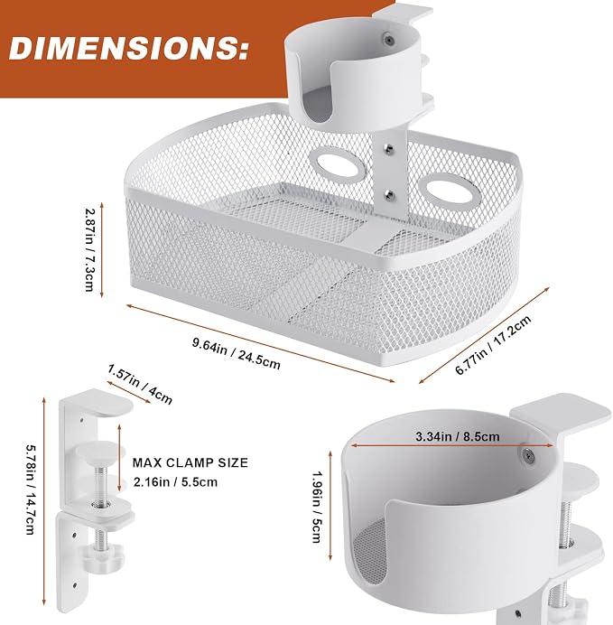 MASTLU Under Desk Organizer,Cup Holder,Table Management Tray, Swivel Pencil Drawer, Office No Drill Steel Organizers,360 Spin Hidden Storage Box with Sturdy C-Clamp,Easy Install (White)