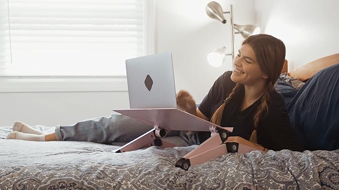 Uncaged Ergonomics WorkEZ Adjustable Laptop Stand for Desk, Laptop Stand Adjustable Height, Foldable Aluminum Cooling Computer Holder & Riser for Desk Bed, Pink