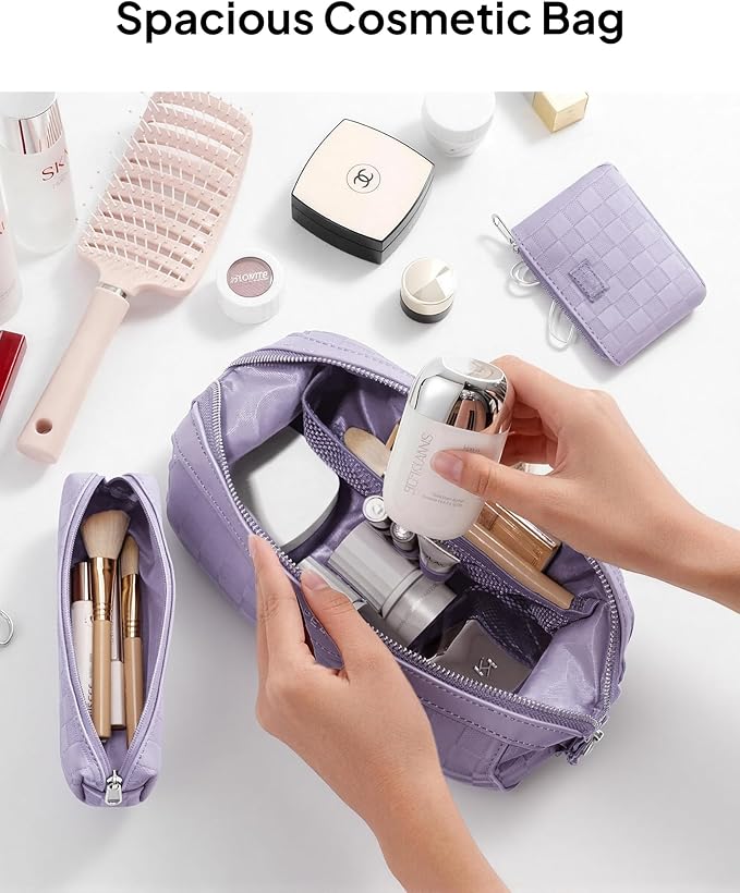 TOPEAST Travel Makeup Bag Cosmetic Bags for Women, 3 Pcs Set Make Up Toiletry Bag with Removable Zip Pouch, Waterproof Leather Makeup Brush Organizer for Travel Essentials, Purple