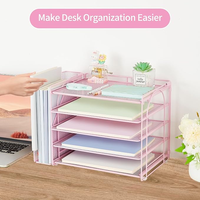 AUPSEN Pink Desk Organizers and Accessories, 5-Tier Desktop Paper File Organizer with Removable File Holder, Desk Accessories & Workspace Organization for Home Office Supplies (Pink)