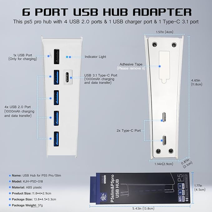6 Port USB Hub for PS5 Pro & PS5 Slim Console Disc/Digital, High-Speed Extra USB Ports for PS5 Slim Pro Accessories, PS5 Hub Charger Splitter Adapter with 4 USB 2.0 + 1 USB Charging Port +1 Type C 3.0