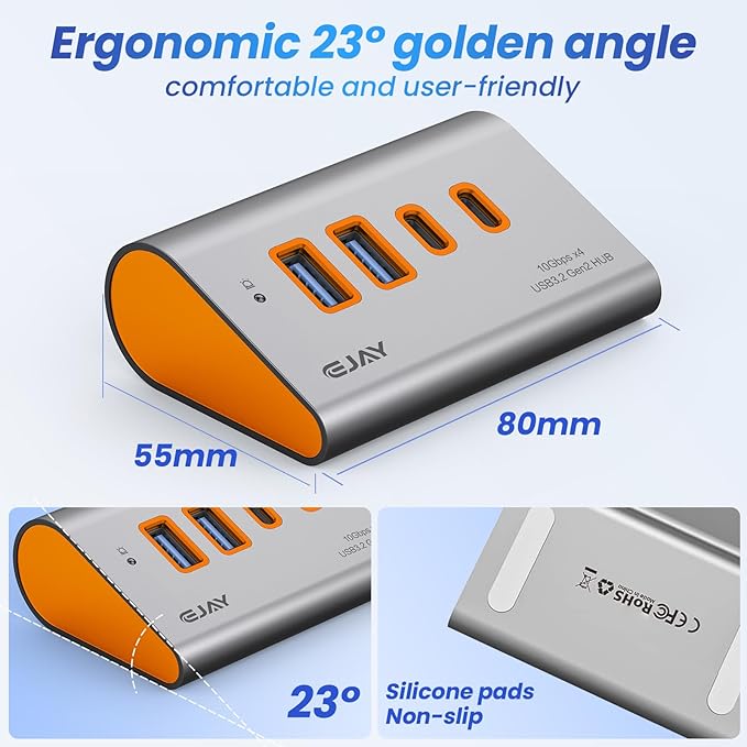 EJAY USB3.2 GEN2 HUB 10Gbps 4-Port USB C/A Splitter for Laptop,PC,Mac | Extra Power Supply Port,Desktop Ergonomic 23° Angle Design,Dual Cable,Multiple Ports,External SSD, Flash Drive