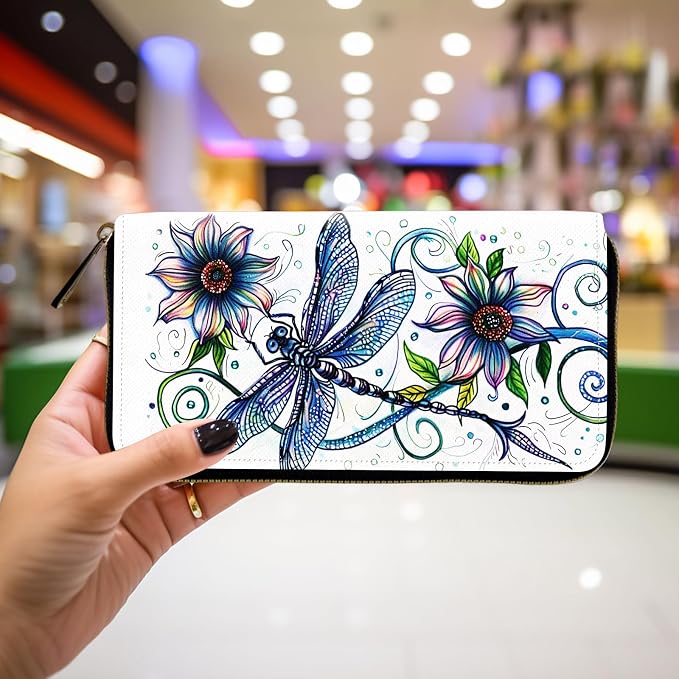 Wallet,Leather Long Wallet Suitable For Ladies And Teenagers - Detachable Wristband + RFID Travel Wallet With Card Slot - Dragonfly with Flowers