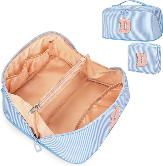2026 Graduation Gifts - Travel Makeup Bag for Women, 2Pcs Portable Personalized Initial Makeup Organizer Bag, Open Flat Large Cosmetic Bag With Travel Essential Pouch (Blue Letter D)