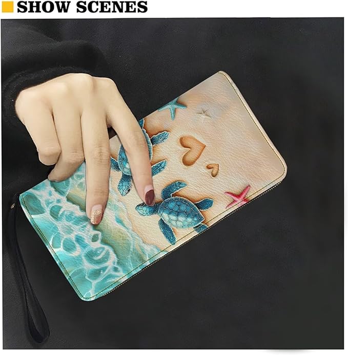 Bulopur Beach Sea Turtle Wallets with Wristlet for Women Envelope Long Wallets Zip Around Small Handbags PU Leather Travel Wallet Passport Holder for Ladies