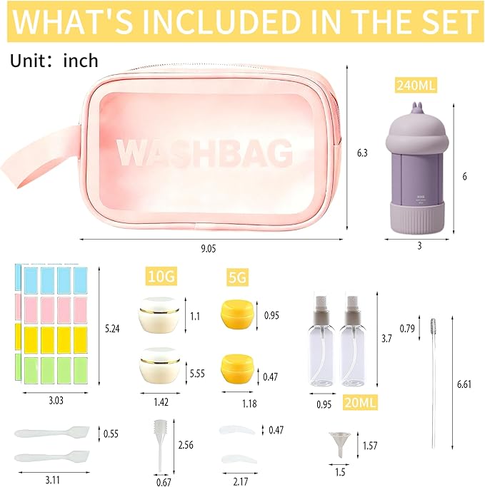 Travel Cosmetic Case Toiletry Bag with Zipper Refillable 4-in-1 Silicone Kit Toiletry Bottles、Squeeze Toiletry Bottles Leakproof Accessories for Toiletries Shampoo Lotion Body Wash (BPA Free)