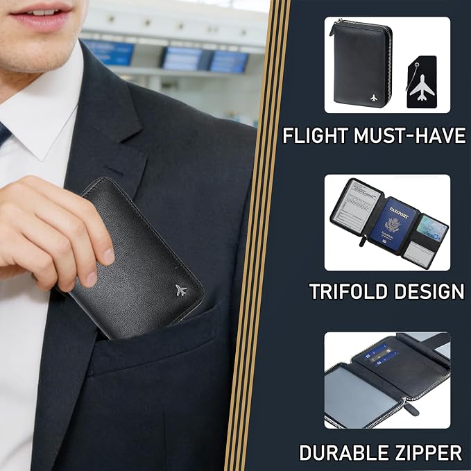 Pilot Wallet Passport Holder RFID Blocking Nappa Leather Travel Wallet, Stylish Travel Companion for Aviation Professionals (Black Silver)