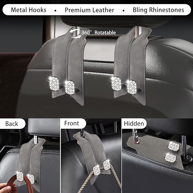 2Pcs Bling Car Headrest Hooks, Premium Leather & Sparkling Rhinestone Dual Metal Hooks, Back Seat Organizer for Bags, Coats, Purses and Groceries (Crystal Gray)