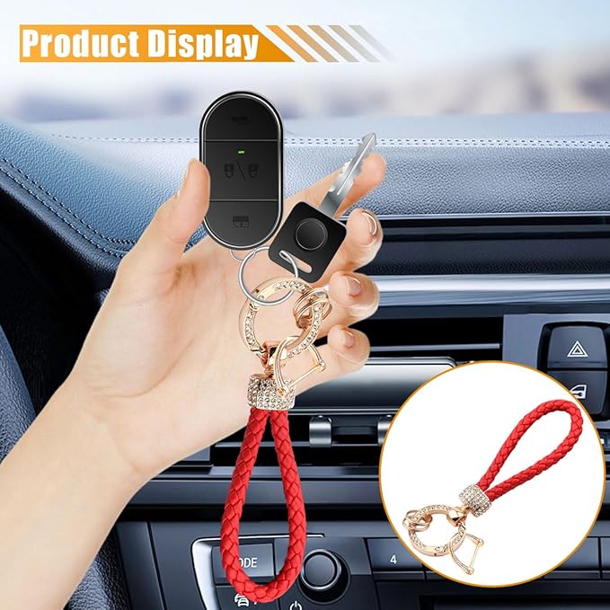 Leather Car Keychain with Bling Rhinestones, Snap Swivel Key Ring, Key Tag Car Key Fob Holder, Key Organizer for Men Women, Anti-Lost D-Ring (Red)
