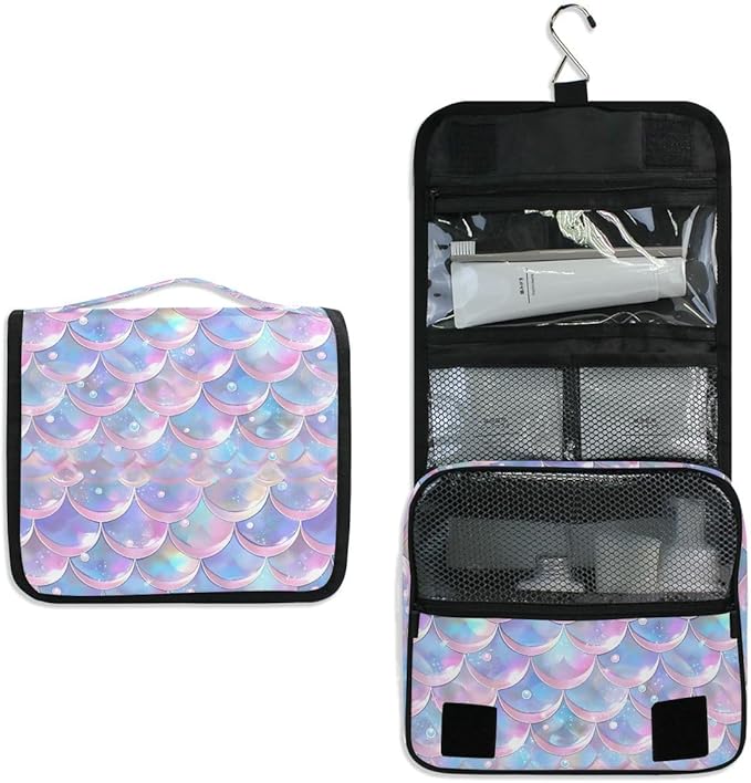 senya Hanging Travel Toiletry Bag Cute Kit Makeup Case Cosmetics Organizer for Men Women (Pale Pink Purple Blue Mermaid Scales)