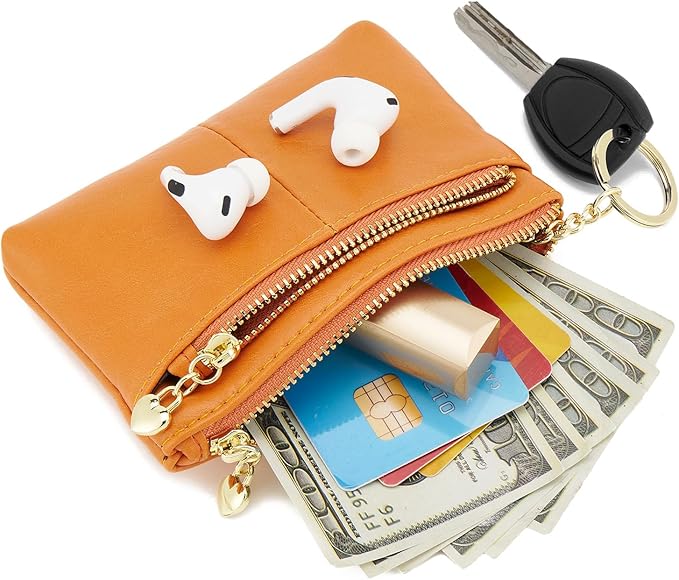 ZOOEASS Women PU Leather Zip Mini Coin Purse With Key Ring Triple Zipper Card Holder Wallet (Orange)