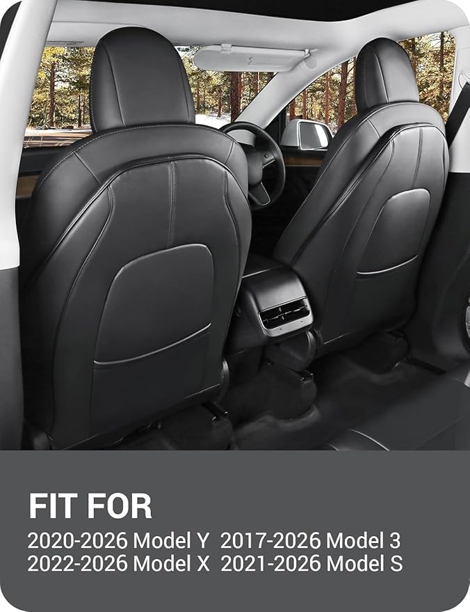 BASENOR 2026 Tesla Model Y(Juniper)/3/S/X Leather Seat Back Kick Protector, Backseat Mats for Kids - Extra Organizer Pocket, Waterproof Scratchproof Resistant Protection Black (Set of 2)