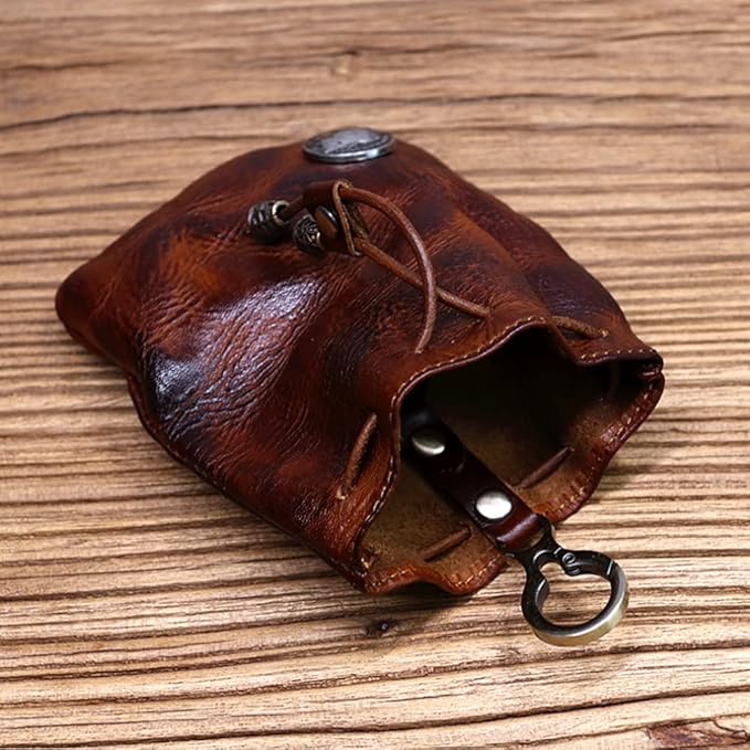 1 Pcs Leather Mini Medieval Pouch Keychain, Coin Organizer, Change Holder, Leather Drawstring Pouch for Men & Women