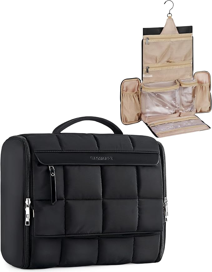 BAGSMART Travel Toiletry Bag, Extra Large Full-open Hanging Toiletry Bag for Women, Puffy Cosmetic Makeup Bag Organizer with Handle for Accessories, Essentials, Toiletries (Black 13''L)
