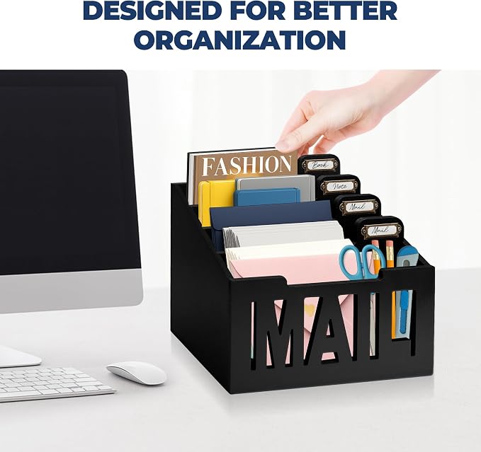 Mail Organizer Countertop – Black Holder for Desk with 4 Slots & Label Tags, Decorative Desktop Sorter, Bill Storage and Envelope Tray for Organized Home Office Accessories (11x7x8 in)