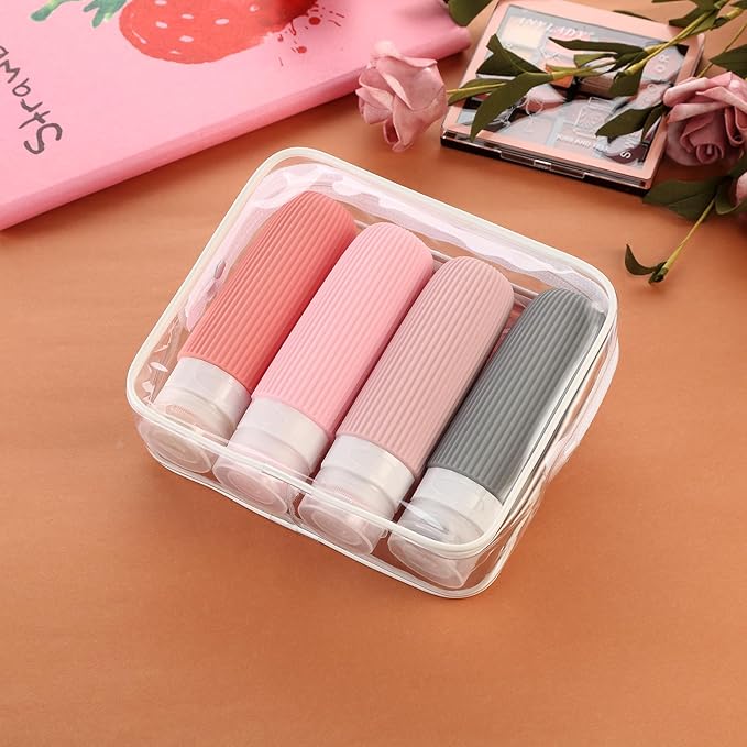 Mrsdry Travel Bottles for Toiletries, Tsa Approved 3oz Portable Travel Bottles, BPA Free Leak Proof Squeezable Silicone Travel Size Containers, Travel Accessories with Clear Toiletry Bag (4 Pack)