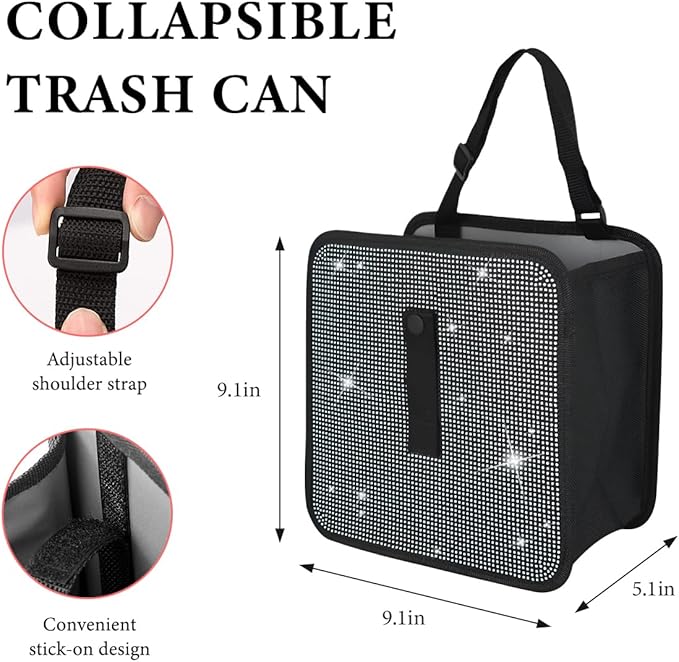 Car Foldable Trash Can, Bling Rhinestone Oxford Garbage Container Hanging Waterproof Organizer, Mini Crystal Dustbin Waste Basket Leakproof Trash Bin for Car Office Kitchen (White)